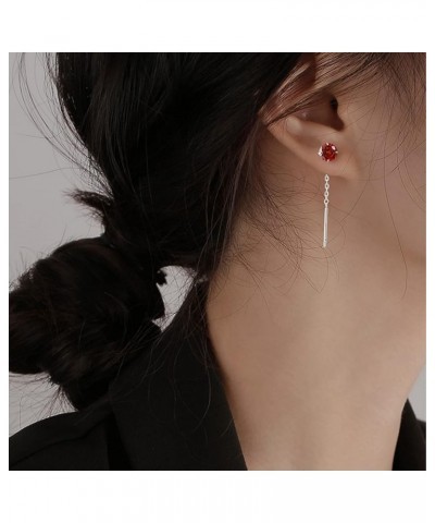 Threader Earrings 925 Silver CZ Drop Pull Through Chain Ear Line Cubic Zirconia Dangle Earrings For Women Red $9.34 Earrings