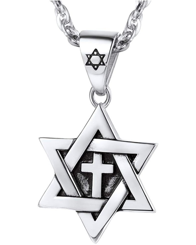 Jewish Magen Star of David Necklace Stainless Steel Pendant & Chain Israel Jewelry for Men Women Gift A silver-cross david st...