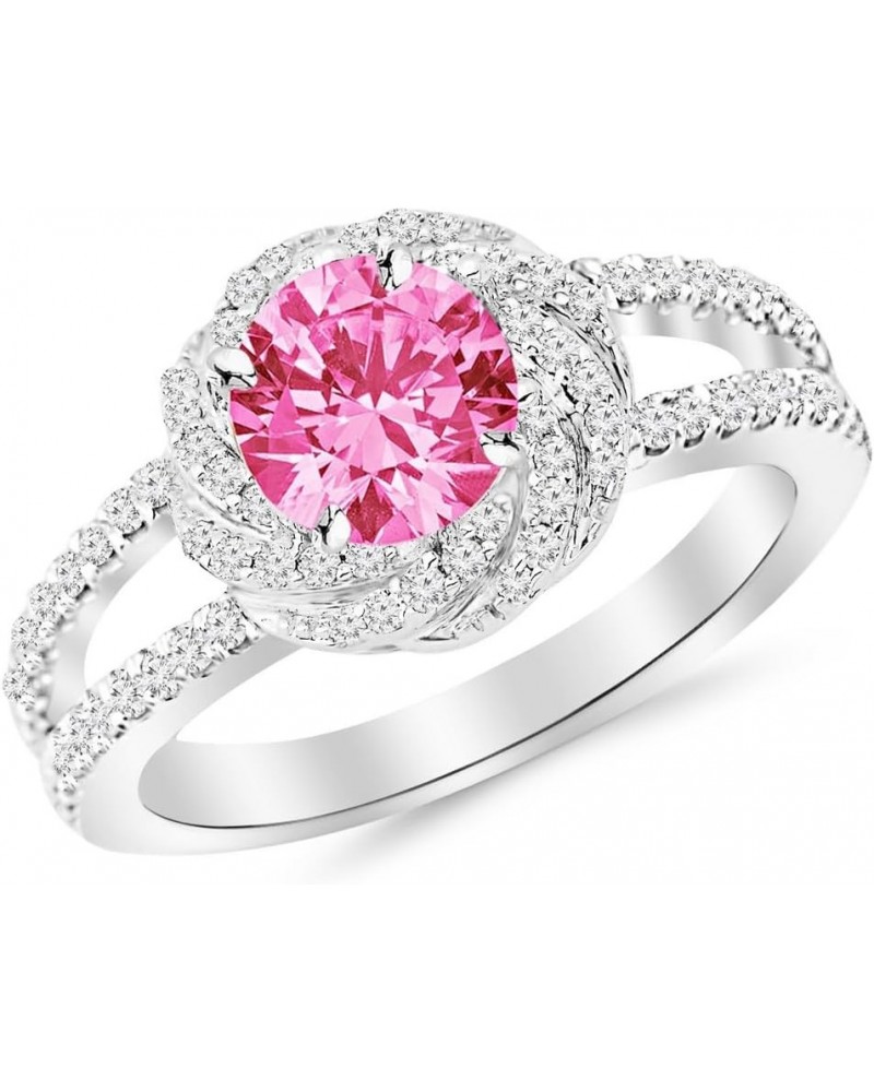 Pave Set Halo Style Floral Split Shank Diamond Engagement Ring with a 0.75 Carat Pink Sapphire Heirloom Quality Center White ...