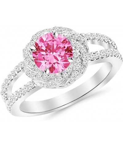 Pave Set Halo Style Floral Split Shank Diamond Engagement Ring with a 0.75 Carat Pink Sapphire Heirloom Quality Center White ...