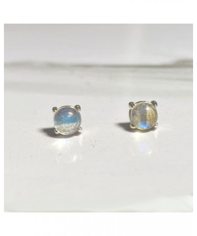 4mm Dainty Petite Cabochon Labradorite Green Blue Fire Natural Gemstones 925 Sterling Silver Earrings Studs Round Shape Simpl...