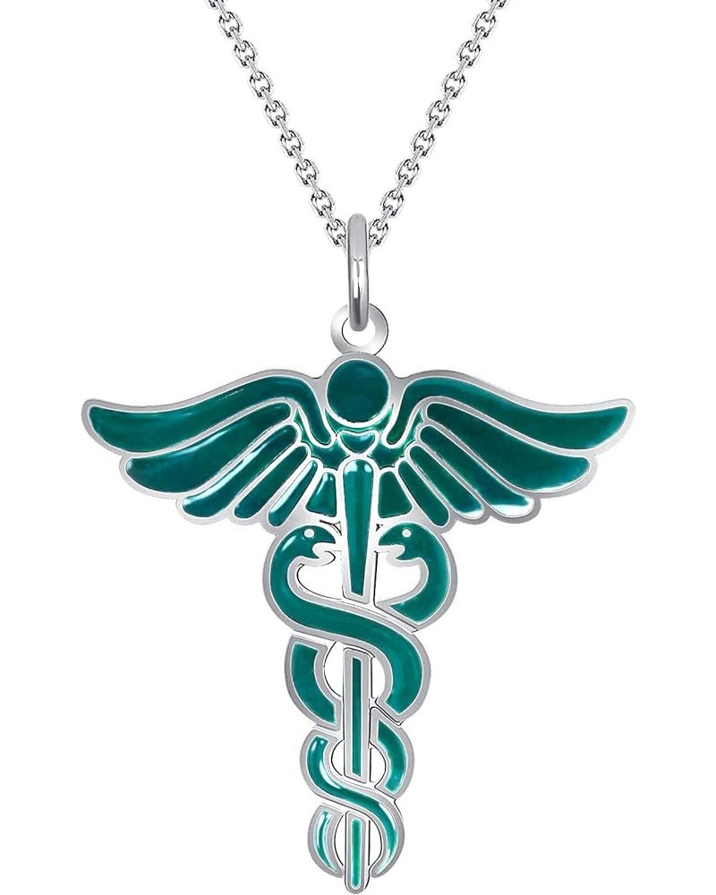 Caduceus Necklace in Sterling Silver, Silver Necklace for Doctor Nurse, Made in America 20" Necklace Green Enamel $35.50 Neck...