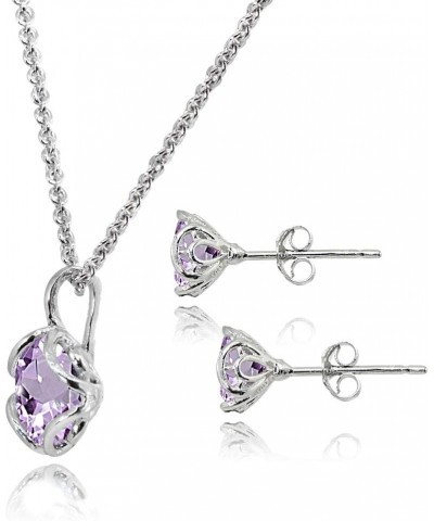 Sterling Silver Genuine or Synthetic Gemstone 6mm Round Fancy Solitaire Pendant Necklace and Stud Earrings Set for Women Amet...