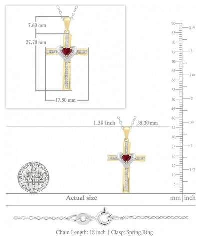 4mm Heart Lab Created Gemstone & Round Natural Diamond Heart Cross Pendant with 18 inch Silver Chain for Her in Two Tone Gold...