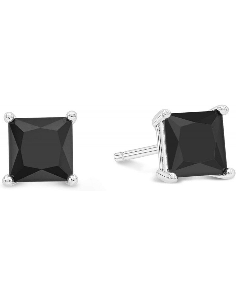 Sterling Silver Stud Solitaire Earrings - Black Cubic Zirconia Gemstone - Perfect for Women, Men & Children 5mm Princess Squa...