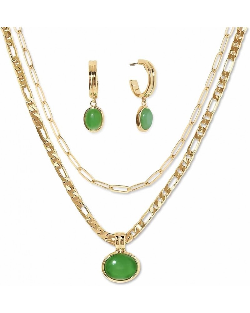 Sage Green Jewelry Set for Women,Stainless Steel Paperclip Choker Chain Plated 18k Gold Jewerly Set,Natural Stone Pendant Nec...