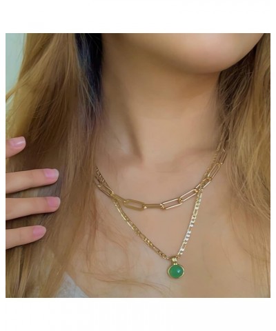 Sage Green Jewelry Set for Women,Stainless Steel Paperclip Choker Chain Plated 18k Gold Jewerly Set,Natural Stone Pendant Nec...