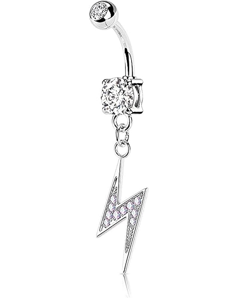 Lightning Bolt Paved with AB CZ Dangle Surgical Steel Jeweled Belly Button Ring Clear $10.19 Body Jewelry