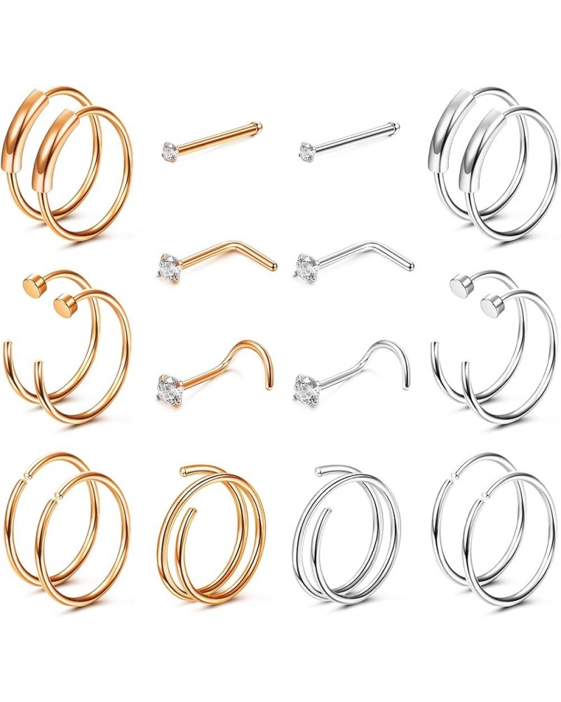 20Pcs 22G 20G 18G Surgical Steel Nose Rings Hoop Studs Double Hoop Nose Ring Cartilage Earrings Nose Piercing Jewelry for Wom...