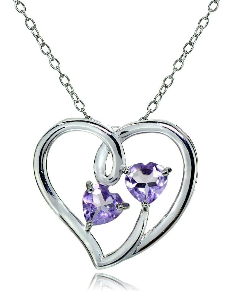 Sterling Silver Double Open Genuine and Created Gemstone Heart Necklace, Available in 5 Colors Amethyst $15.89 Necklaces