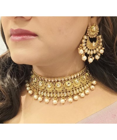 Indian Jewelry Choker Necklace Maang Tikka Earrings Bollywood Wedding Crystal Kundan Necklace Earrings Head Chain Set White 2...