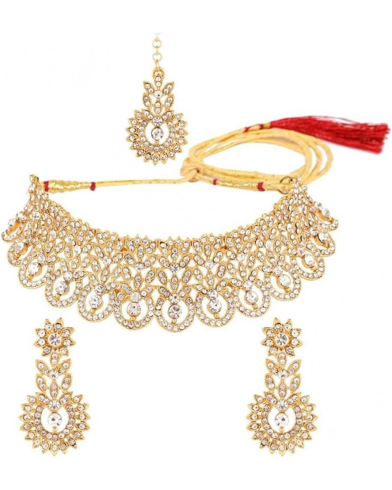 Rhinestone Austrian Crystal Choker Bridal Necklace Earrings Maang Tikka Head Chain Indian Jewelry Set for Women Gold $21.05 J...