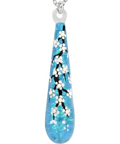 Hand Blown Glass Cherry Blossom Sakura Flower Long Teardrop Pendant Silver Necklace Chain for Women 18-20 inches Blue $15.89 ...