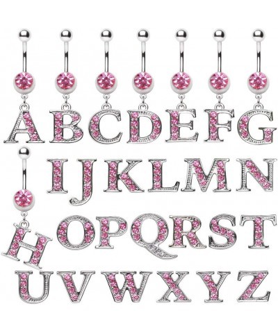 316L Navel Ring with Pink Gemmed Alphabet Initial Letter Dangle //Choose Letter// E $7.64 Body Jewelry