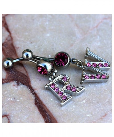 316L Navel Ring with Pink Gemmed Alphabet Initial Letter Dangle //Choose Letter// E $7.64 Body Jewelry