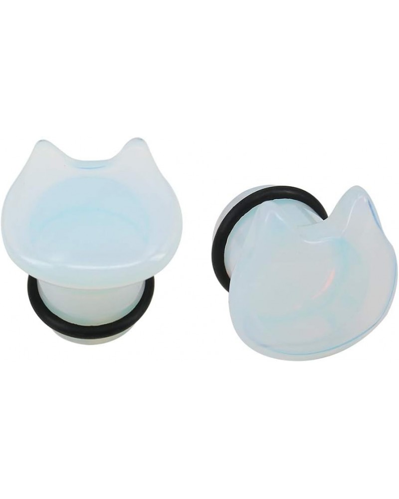 Cute Cat Natural Organic Stone Ear Plug Single Flare Ear Tunnel Gauge Stretcher Ear Expander Piercing 2g-5/8 opalite, gauge-9...