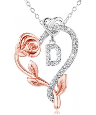 925 Sterling Silver Rose Heart Initial Necklace - Dainty Jewelry with 5A Cubic Zirconia, Perfect for Valentine's Day, Mother'...