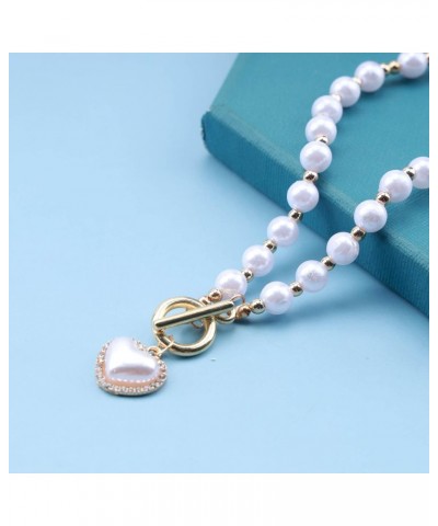 Boho Pearl Heart Choker Necklace Puffy Heart Pendant Necklace Vintage Gold Pearl Chain Necklace Pearl Toggle Clasp Necklace C...