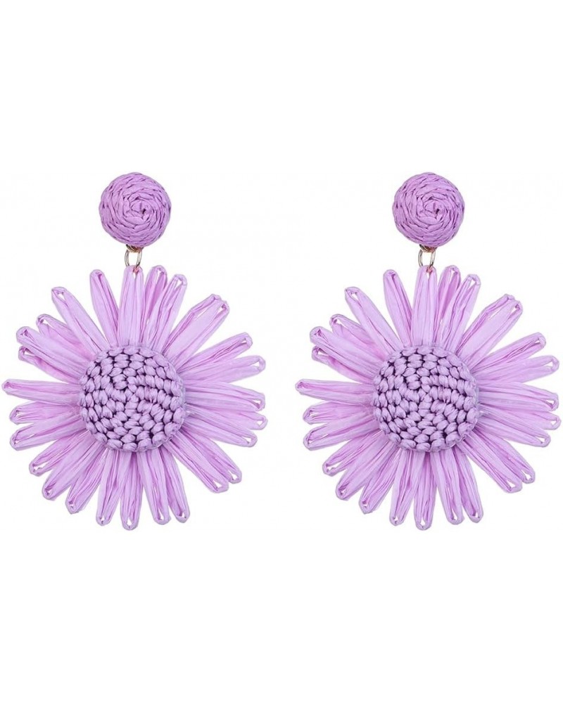 Ivory Daisy Flower Raffia Braid Earrings for Women Girls Summer Beach Party Boho Earrings Purple $7.49 Earrings