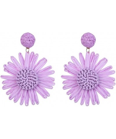 Ivory Daisy Flower Raffia Braid Earrings for Women Girls Summer Beach Party Boho Earrings Purple $7.49 Earrings