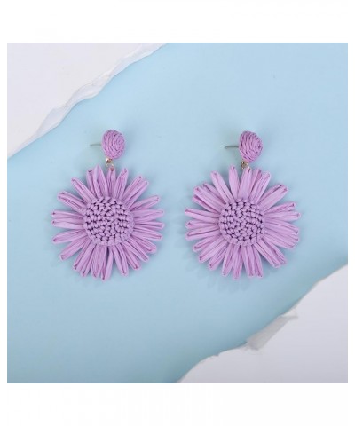 Ivory Daisy Flower Raffia Braid Earrings for Women Girls Summer Beach Party Boho Earrings Purple $7.49 Earrings