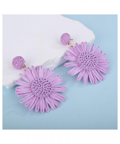 Ivory Daisy Flower Raffia Braid Earrings for Women Girls Summer Beach Party Boho Earrings Purple $7.49 Earrings