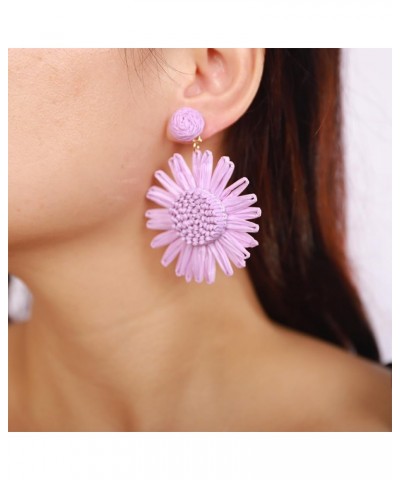 Ivory Daisy Flower Raffia Braid Earrings for Women Girls Summer Beach Party Boho Earrings Purple $7.49 Earrings