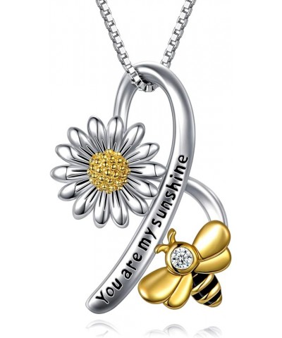 Daisy Necklace with Bee, Sunflower Flower Necklace 925 Sterling Silver Poppy Lily Flower Heart Necklace Jewelry for Women Bee...