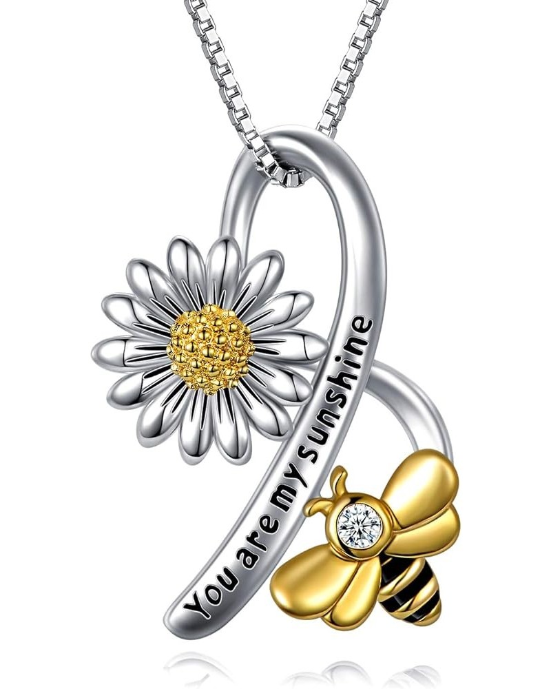 Daisy Necklace with Bee, Sunflower Flower Necklace 925 Sterling Silver Poppy Lily Flower Heart Necklace Jewelry for Women Bee...