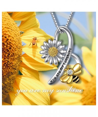 Daisy Necklace with Bee, Sunflower Flower Necklace 925 Sterling Silver Poppy Lily Flower Heart Necklace Jewelry for Women Bee...