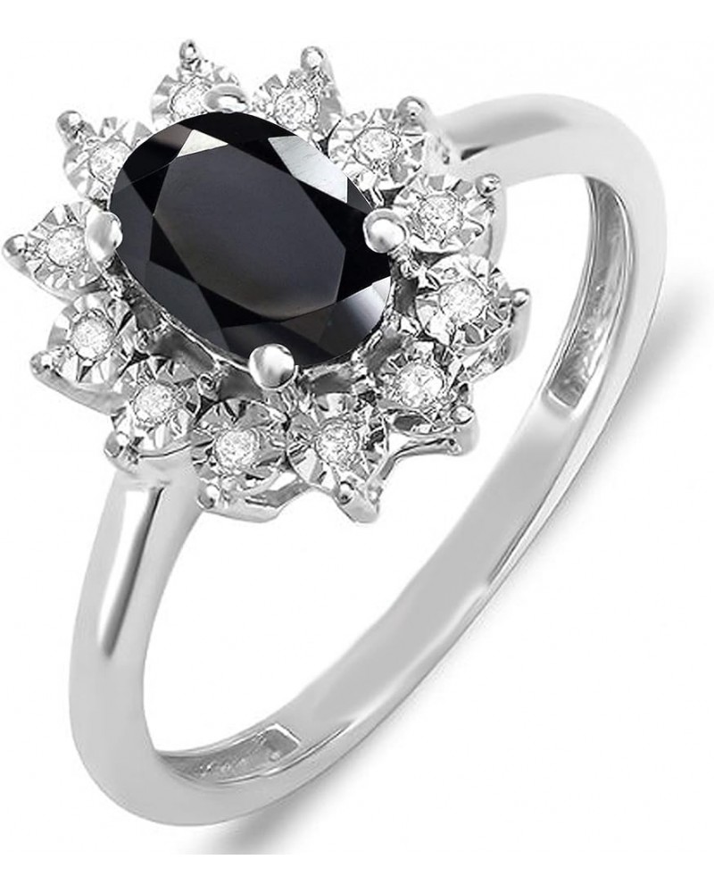 7X5 mm Oval Onyx & Round White Diamond Ladies Flower Cluster Royal Engagement Ring, Available In 10K/14K/18K Gold Ring Size 9...