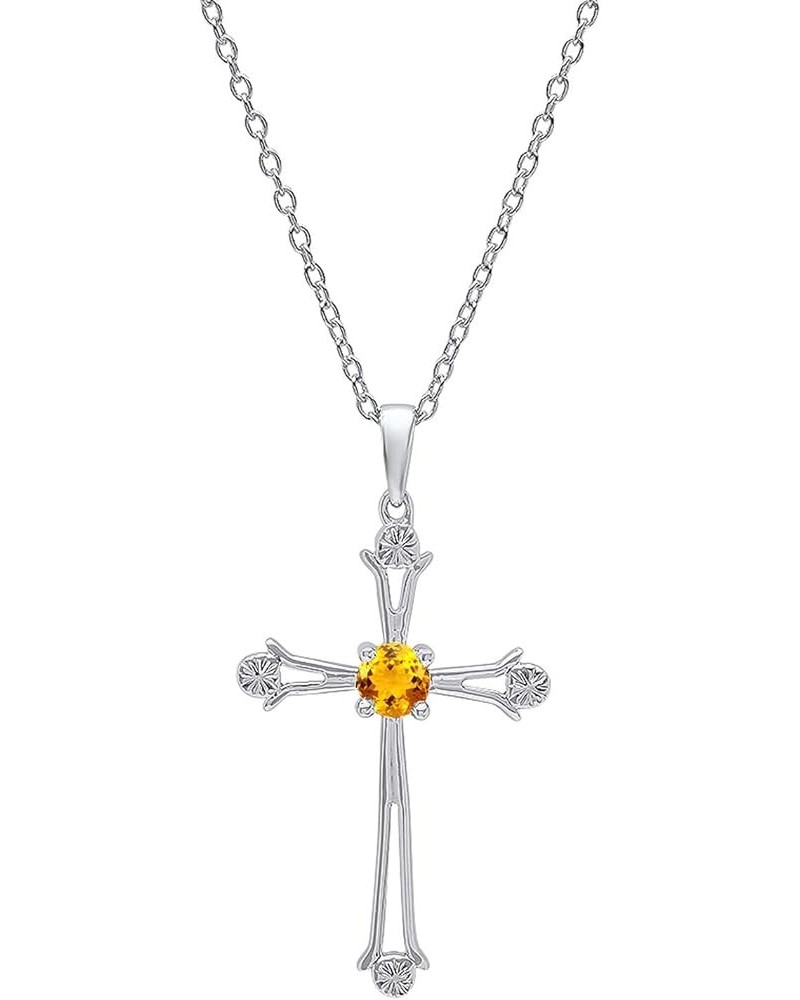 4 MM Round Gemstone Ladies Cross Pendant (Silver Chain Included), Sterling Silver Citrine $51.85 Necklaces