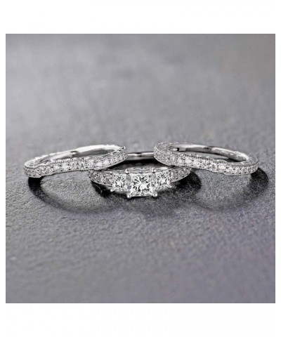 2.8 Ctw Moissanite Princess Cut Wedding Ring Set for Women Platinum Plated Silver 3 Pieces 3 Stone Bridal Ring Set Engagement...