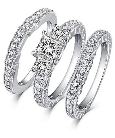 2.8 Ctw Moissanite Princess Cut Wedding Ring Set for Women Platinum Plated Silver 3 Pieces 3 Stone Bridal Ring Set Engagement...