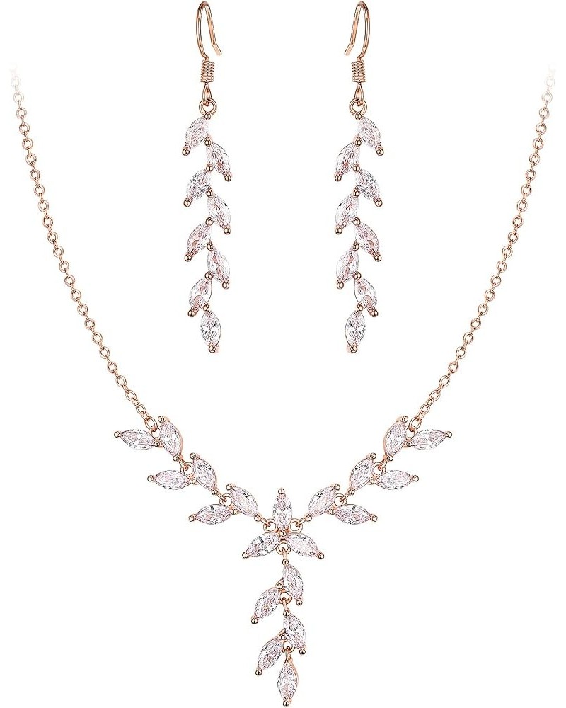 Wedding CZ Jewelry Set for Bride Bridesmaid, Sparkly Marquise Cubic Zirconia Vine Leaf Necklace Fishhook Earrings Set Necklac...