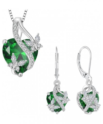 925 Sterling Silver Heart Butterfly Pendant Necklace Earrings Women Jewelry Set Gift with Birthstone Created Emerald $59.03 J...