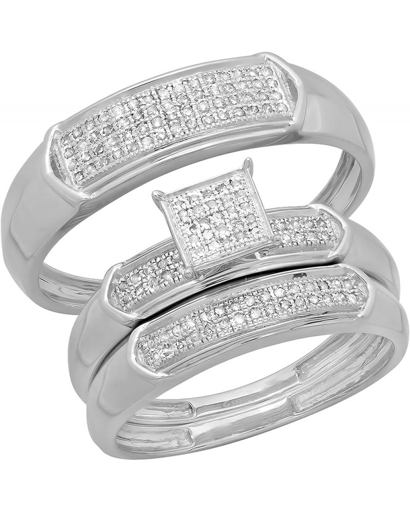 0.30 Carat (ctw) Round White Diamond Men & Women's Micro Pave Trio Bridal Wedding Set 1/3 CT, 14K White Gold womens size 5 & ...