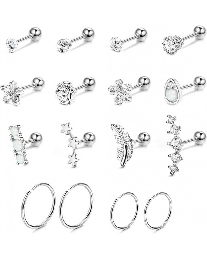 16Pcs 16G Cartilage Earrings Studs for Women Surgical Stainless Steel Helix Tragus Couch Hoop Piercing Earrings Set Opal Shin...