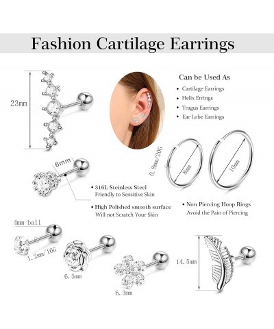 16Pcs 16G Cartilage Earrings Studs for Women Surgical Stainless Steel Helix Tragus Couch Hoop Piercing Earrings Set Opal Shin...