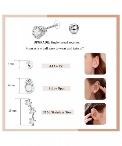 16Pcs 16G Cartilage Earrings Studs for Women Surgical Stainless Steel Helix Tragus Couch Hoop Piercing Earrings Set Opal Shin...