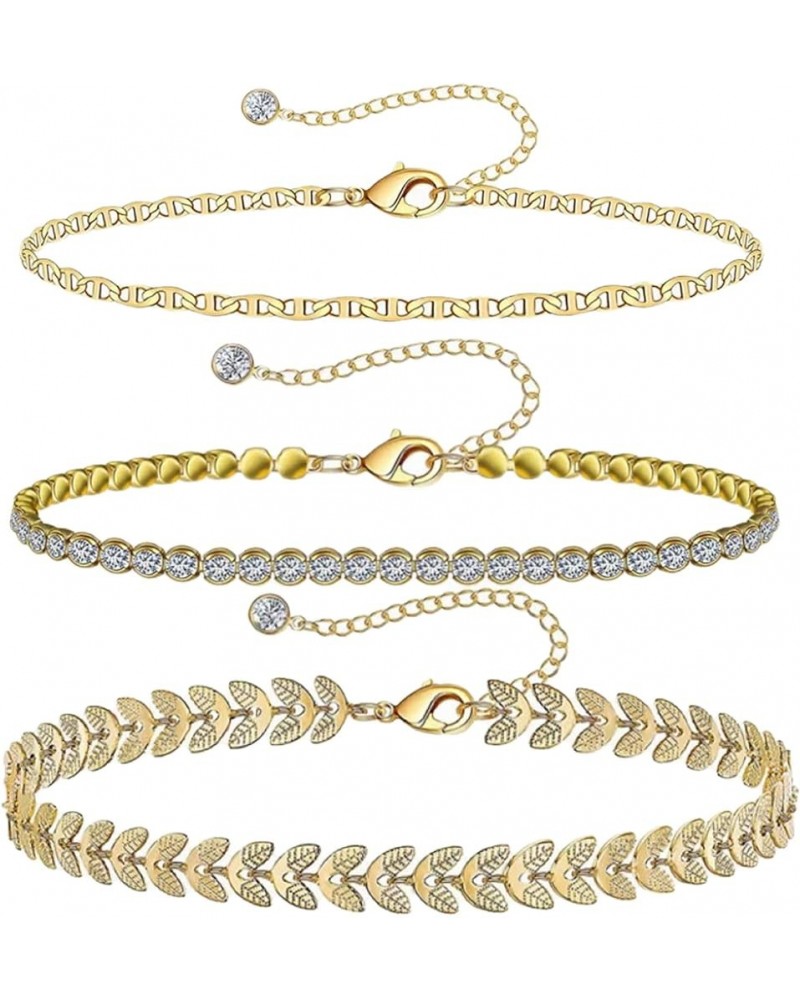 Ankle Bracelets for Women, Tennis Snake Figaro Chain Anklets for Summer, 14k Gold Plated Adjustable Beach Anklet Set, 6pcs Da...