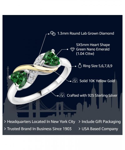 925 Sterling Silver and 10K Yellow Gold Green Nano Emerald and White Lab Grown Diamond Ring For Women (1.04 Cttw, Heart Shape...