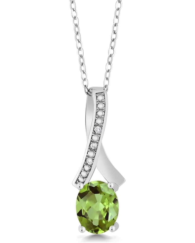 925 Sterling Silver Oval Gemstone Birthstone and White Diamond Pendant Necklace For Women with 18 Inch Silver Chain Peridot, ...