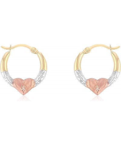 14K Tri Color Gold 2mm Thickness Diamond Cut Shape Hoop Hinged Earrings with Heart $31.85 Earrings