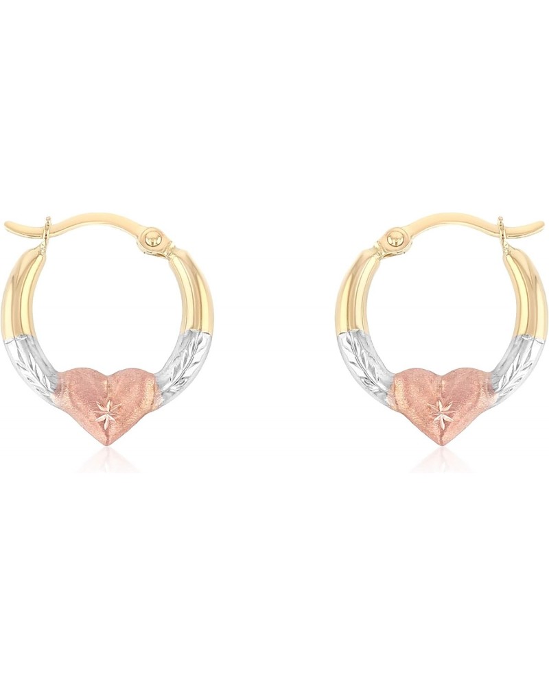 14K Tri Color Gold 2mm Thickness Diamond Cut Shape Hoop Hinged Earrings with Heart $31.85 Earrings