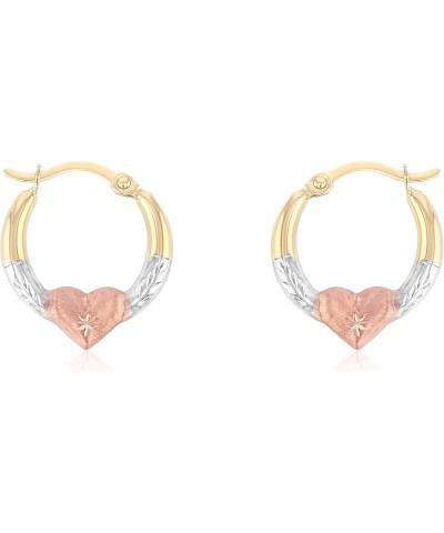 14K Tri Color Gold 2mm Thickness Diamond Cut Shape Hoop Hinged Earrings with Heart $31.85 Earrings