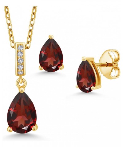 18K Yellow Gold Plated Silver Red Garnet and White Created Sapphire Pendant and Earrings Jewelry Set For Women (3.02 Cttw, Ge...