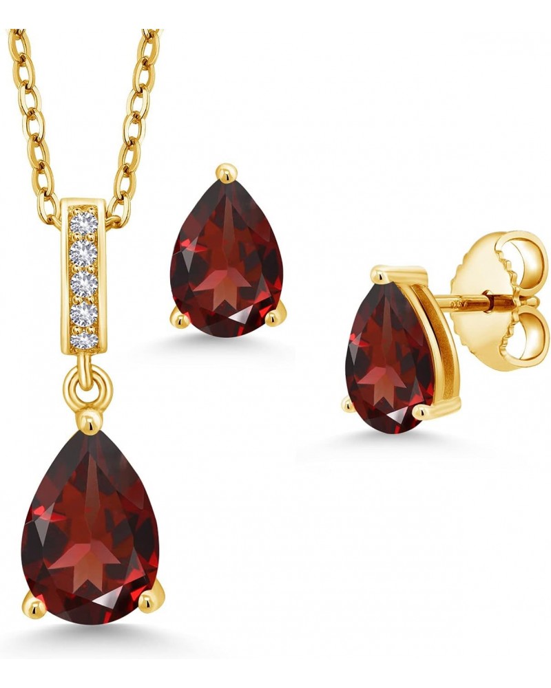 18K Yellow Gold Plated Silver Red Garnet and White Created Sapphire Pendant and Earrings Jewelry Set For Women (3.02 Cttw, Ge...