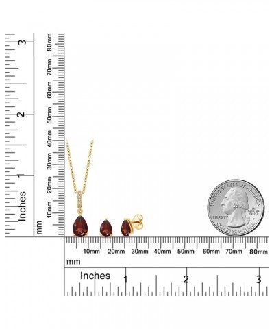 18K Yellow Gold Plated Silver Red Garnet and White Created Sapphire Pendant and Earrings Jewelry Set For Women (3.02 Cttw, Ge...