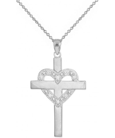 14K White Gold 1/20 Cttw Diamond Studded Heart Cross Pendant Necklace with Rolo Chain (G-H Color, SI1-SI2 Clarity) - Choice o...